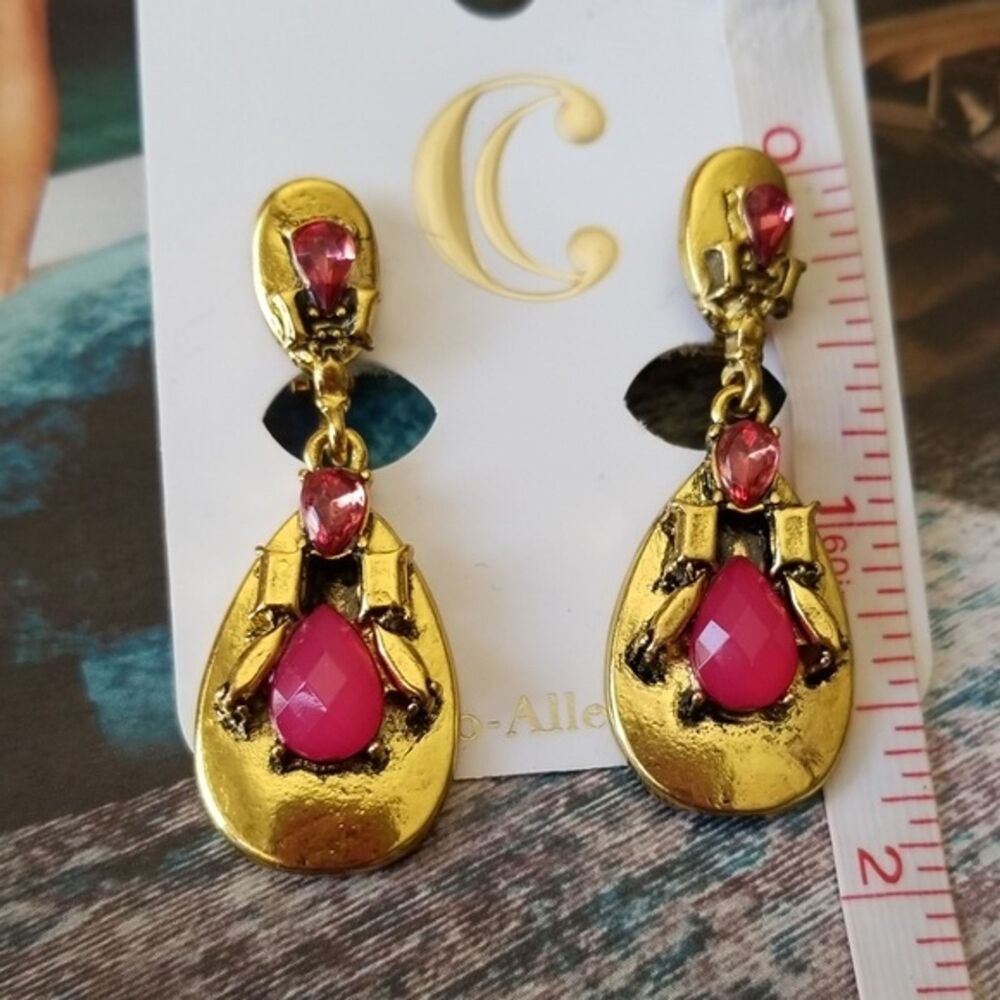 Gold Pink Clip on dangle  Earrings Hypo Allergenic Charming Charlie Teardrop *